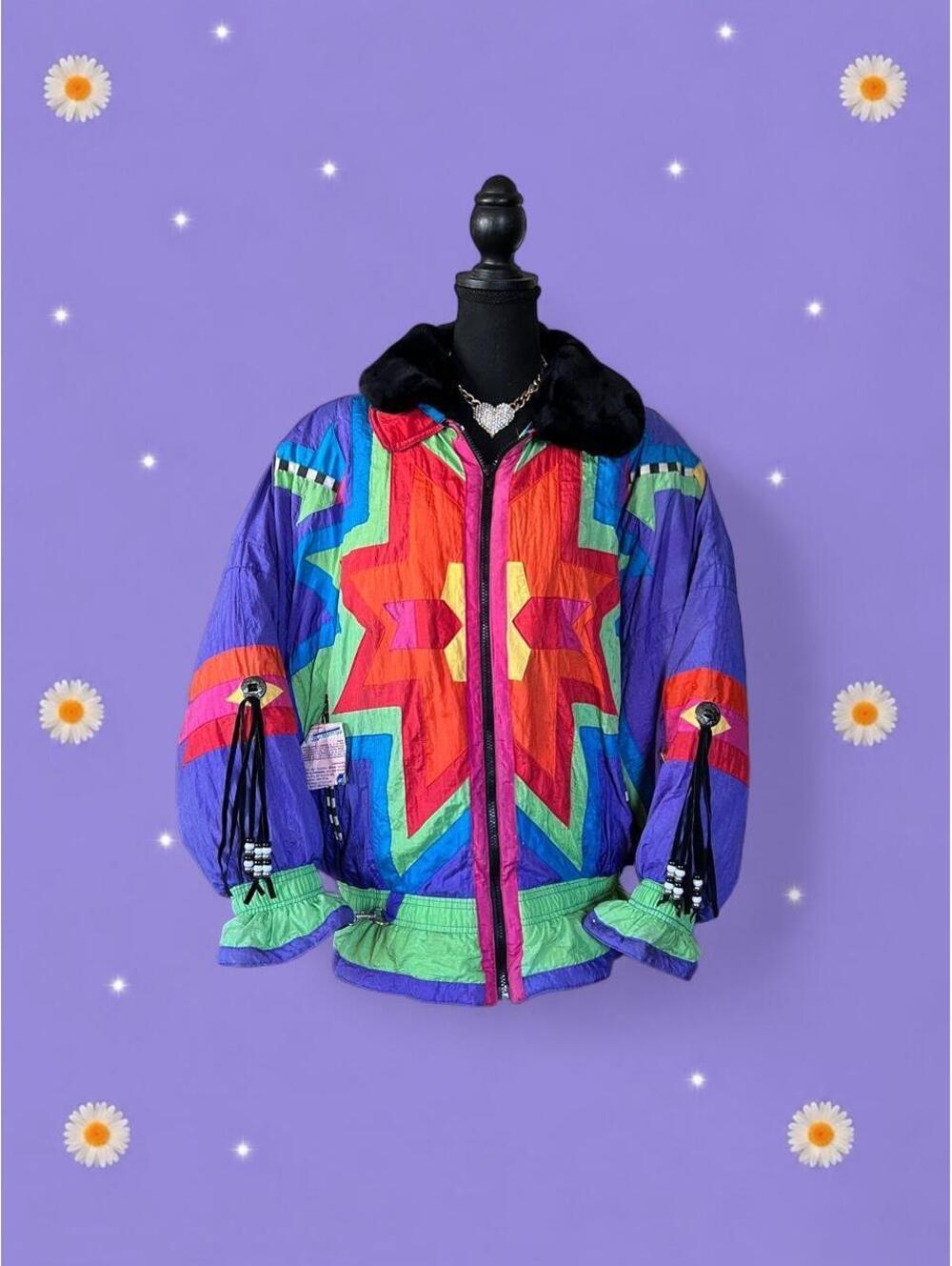 Vintage 1980s Gallery Colorblock Down Ski Jacket Zebra Lining size large 💜